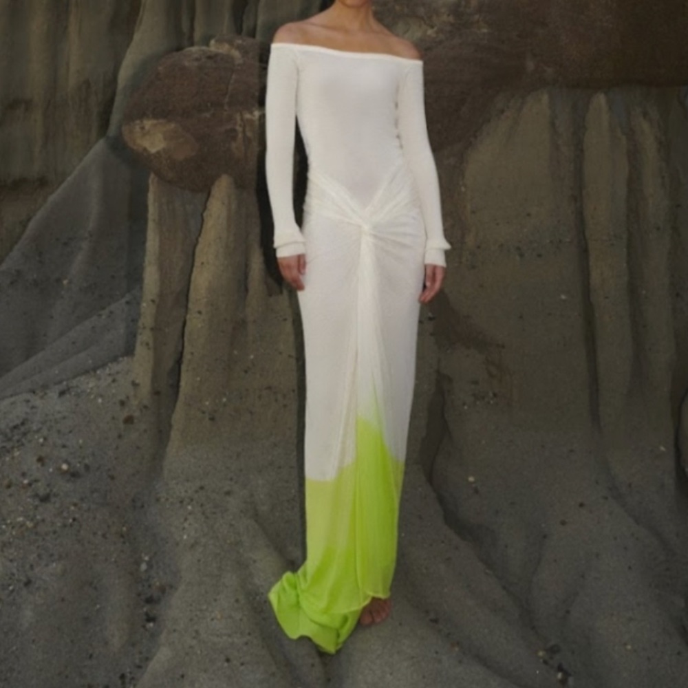 Baobab Collection One Shoulder Dress in White and Lime